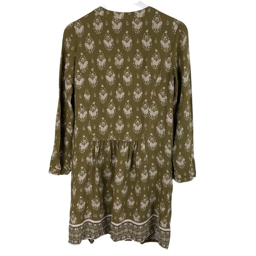 Garnet Hill Dropwaist Button-Up Dress Olive Green Floral Women's Size 2 Bohemian